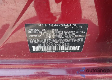 2019 Subaru Crosstrek 2.0I Premium from USA, damaged, VIN JF2GTACC6KH298139